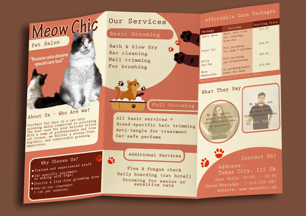 Desain Brochure Design Showcase: Meow Chic Cat-Only Grooming - Print Flyers & Brochure Design