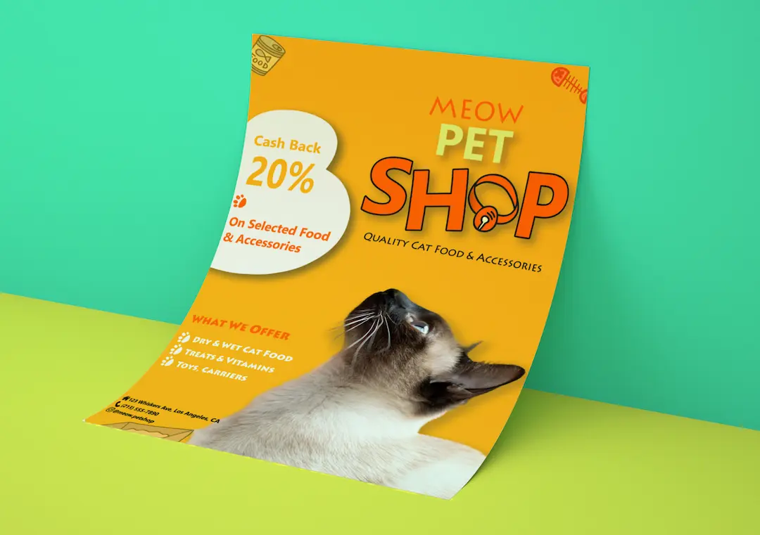 Desain Flyer Design Showcase: Meow Pet Shop Cat Food & Accessories Promo - Print Flyers & Brochure Design